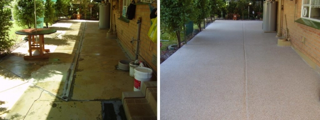 before and after back patio multiflake concrete resurfacing