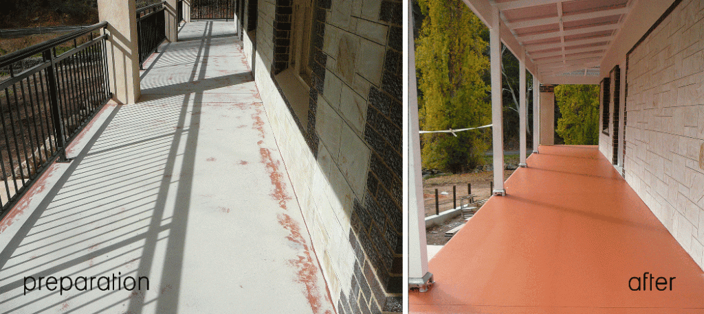 Concrete resurfacing, verandah preparation new coral-red paint