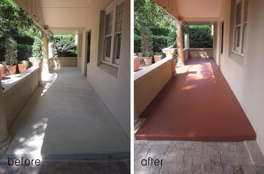 Concrete resurfacing, front verandah painted brick red