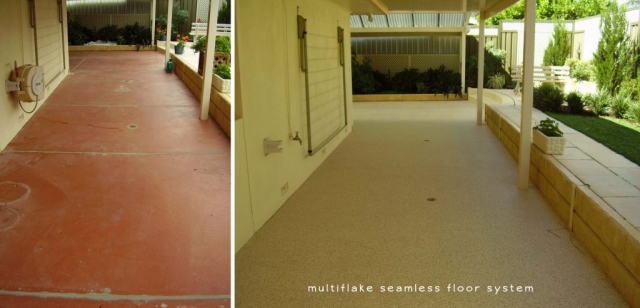 Concrete resurfacing, patio before and after with multiflake applied