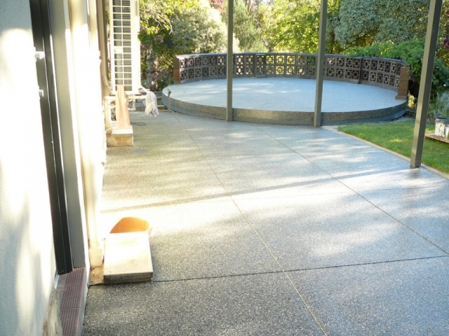 Concrete resurfacing, patio area, multiflake finish