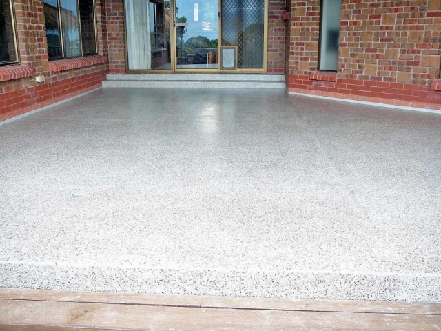 Patio floor resurfacing, black and whiteMultiflake