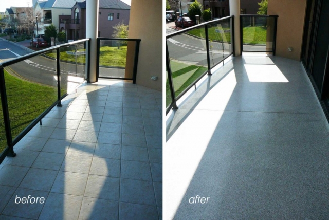 Tiled balcony resurfaced with Multiflake