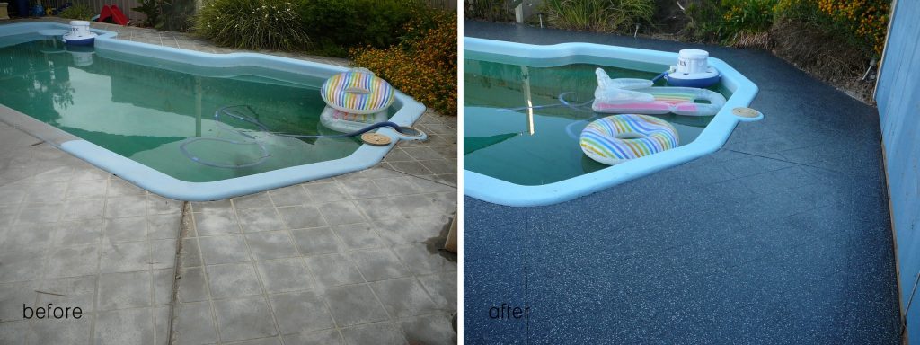 Concrete resurfacing: pool surround over pavers - Multiflake