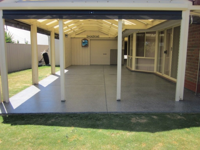 Concrete resurfacing, back patio, black granite Multiflake