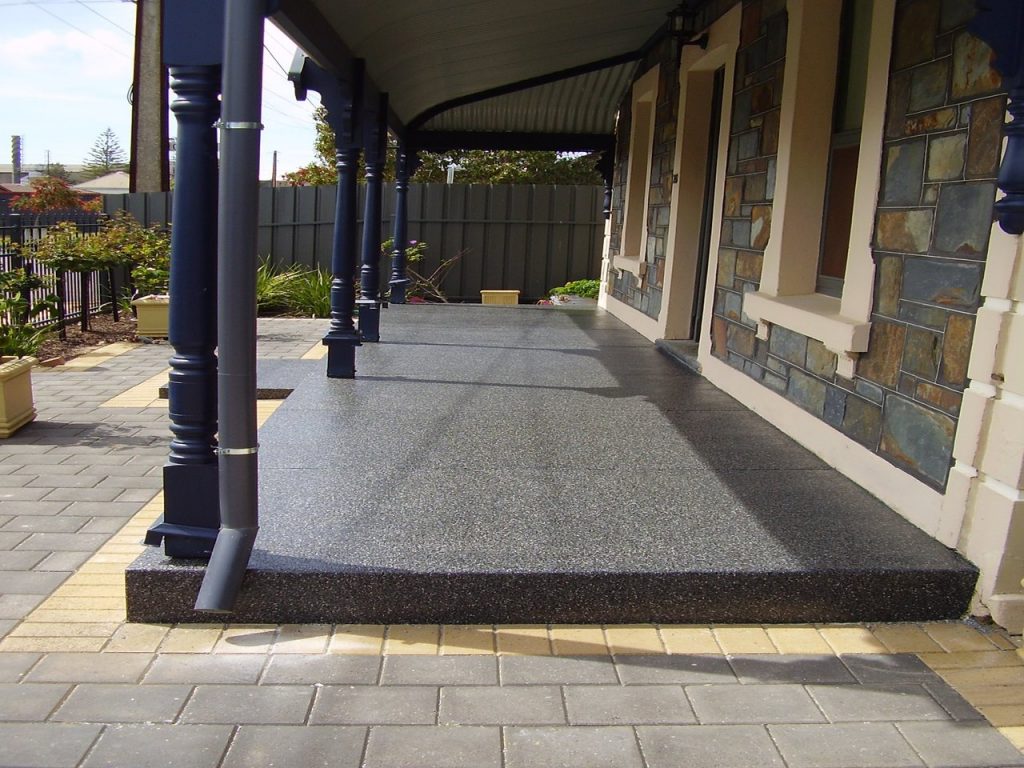 Concrete resurfacing, black granite multiflake verandah