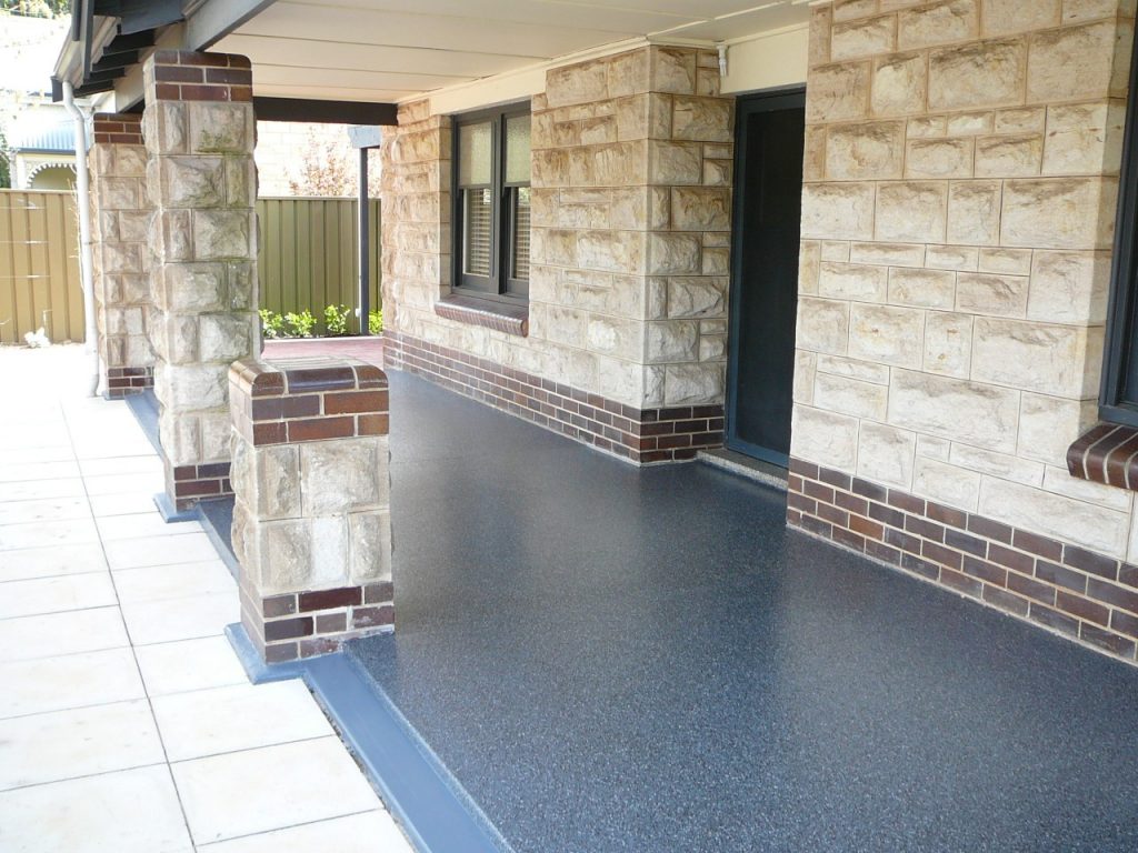 Concrete resurfacing, black multiflake finish