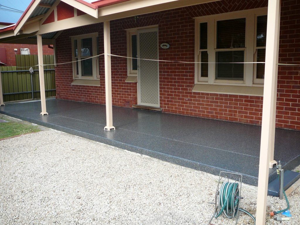 Concrete resurfacing, black multiflake, verandah