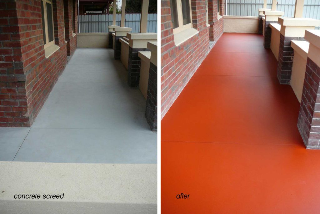 Concrete resurfacing, screed, red painted verandah