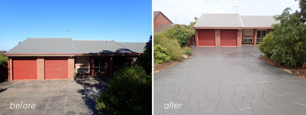 Concrete resurfacing, textured driveway before and after 