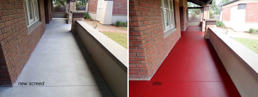 Concrete resurfacing, verandah screeded and painted red