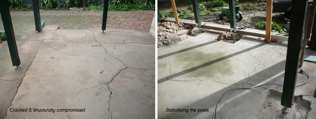 Cracked verandah concrete repairs, stabalising posts