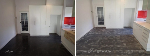 Slate resurfacing: dining room grinding of floor