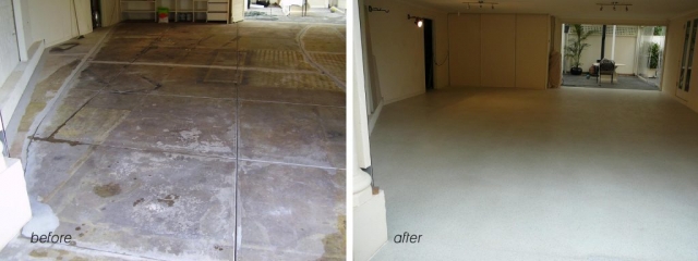 Concrete resurfacing, garage floor with Multiflake
