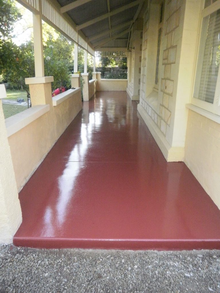 Concrete resurfacing, front verandah, dark pink restored