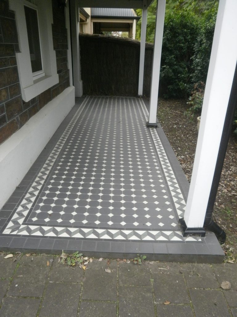 Charcoal Octagon, white dot, tessellated verandah