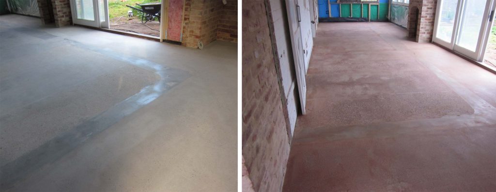 Concrete resurfacing of existing concrete: before & after with red tint applied